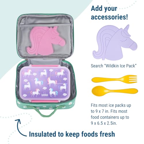 Image of Wildkin Insulated Lunch Box for Kids, Daisy | 9.75 x 7 x 3.25 in insulated lunch box with roomy main compartment, front zip pocket and interior mesh pocket.