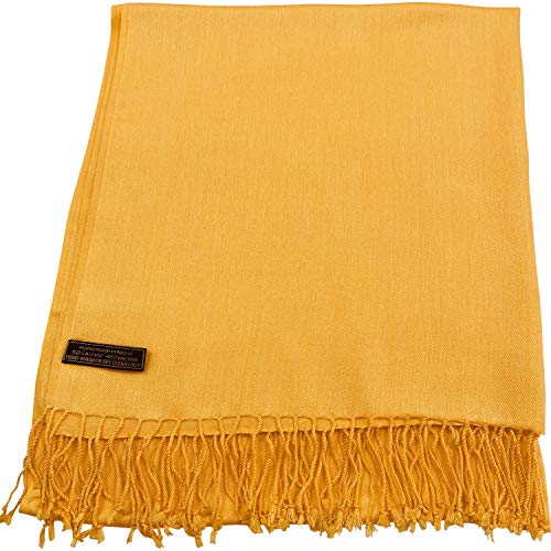 CJ Apparel Amber Yellow Solid Yellow Gold Color Tassels Design Nepalese Shawl Scarf Wrap Stole Throw Head Wrap Pashmina Hand Made in Nepal New2