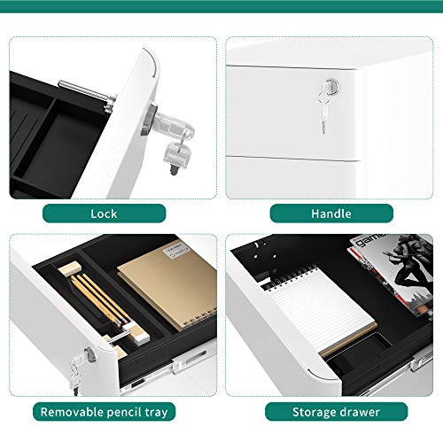 YITAHOME 3-Drawers Filing Cabinet Lockable, Home Office Mobile File Cabinets with Wheel, Under Desk File Office Cabinet for Letter/Legal/A4, Fully Assembled, White, 30 x 45 x 61cm - Image 6