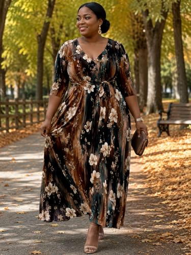 Image of Women's V Neck Floral Maxi Dress 3 /4 Sleeve Plus Size Boho Wrap Flowy Long Dresses with Belt
