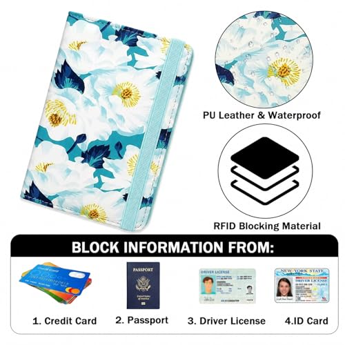 Image of ZOPPEN RFID Blocking Passport Holder for Travel - PU Leather Waterproof Lightweight Passport Cover Wallet for Women Men, Travel Organizer with Card Slots for Airline Tickets & Passport Book, Flower A