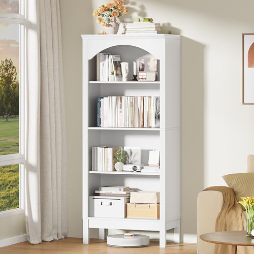 Image of 56 inch H Tall Bookshelf and Bookcase, Arched Book Shelf with 4-Tier Open Shelves, Wooden Storage Bookcase Freestanding Display Bookshelves for Bedroom, Living Room, White