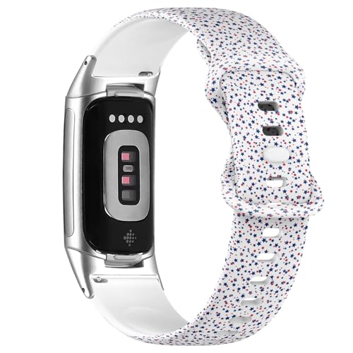 Compatible with Fitbit Charge 5 / Fitbit Charge 6 Soft Silicone Watch Band (American Patriotic Stars) Soft Sports Strap Bracelet Wristband for Women Men