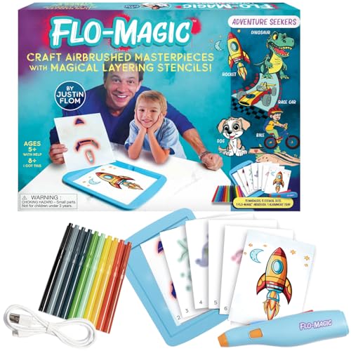 Flo-Magic Juego de plantillas de aerógrafo de aventura, lavable, no tóxico, recargable, kit de manualidades | Cohete de carreras, dinosaurio, bicicleta, cachorro; para niños de 5, 6, 7, 8, 9, 10 años