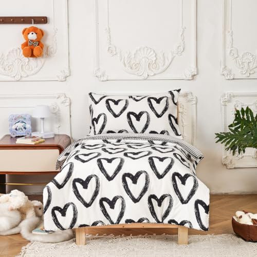 Image of KAREVER Toddler Bedding Set White Black Heart Print 4 Pieces Crib Bed Set Kids Pliad Comforter Set