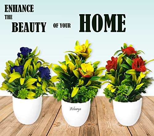 Image of Artificial Flower Plants for Home Decor - Set of 3 Mini Potted Plants (7 Inch) in White Pots | Yellow, Red & Blue Faux Flowers for Living Room, Office, Indoor Outdoor Decoration