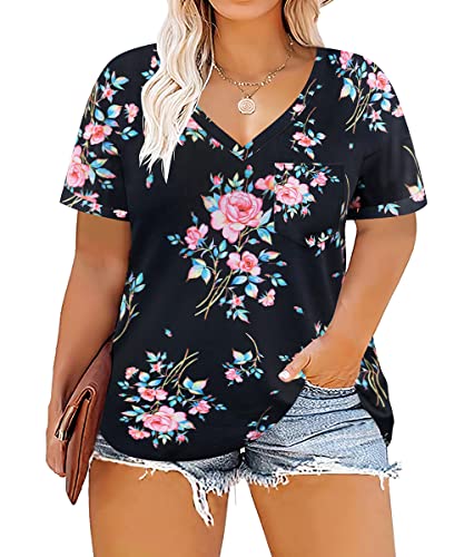 Image of TIYOMI Plus Size Tops for Women V Neck Tshirts Basic Tunic Casual Hawaii Floral Tie Dye Camo Summer Short Sleeve Tee XL-5XL