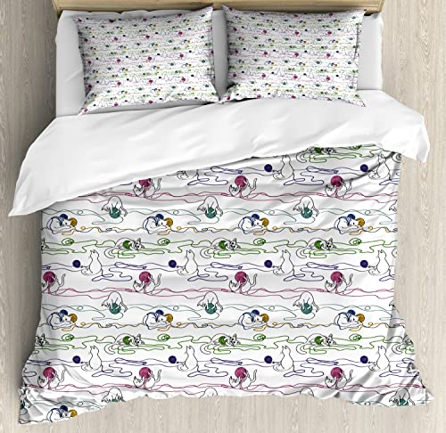 Ambesonne Kitten Duvet Cover Sets, Hand Drawing Style Cats Playing
