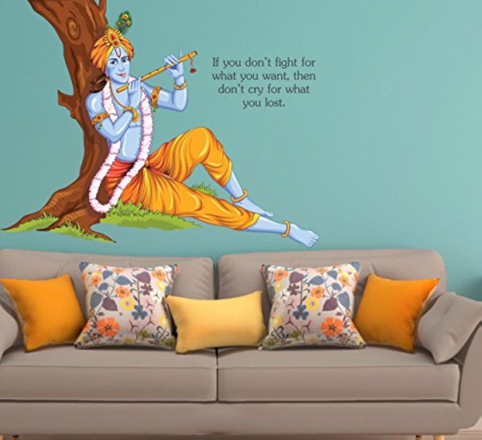 Lord Krishna Sitting Under Tree Wall Sticker, Multicolor
