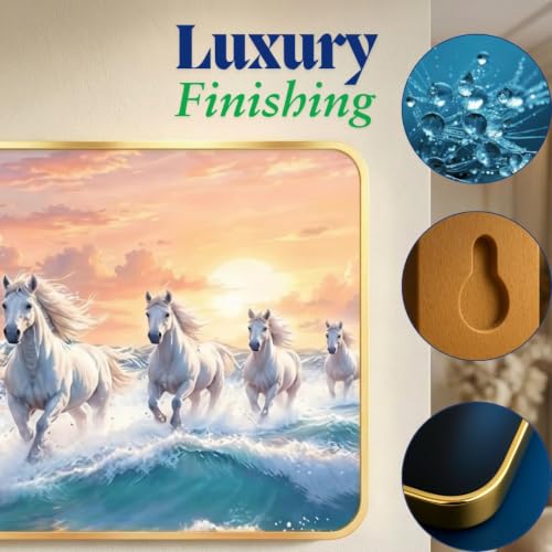 Image of Black Yard 7 Horses Realistic Painting With Frame For Wall Vastu | Seven Running Horse Painting For Wall Decor Living Room Decoration | Big Size Photo Frame (24 x 12 inch, 60 cm x 40 cm (White)