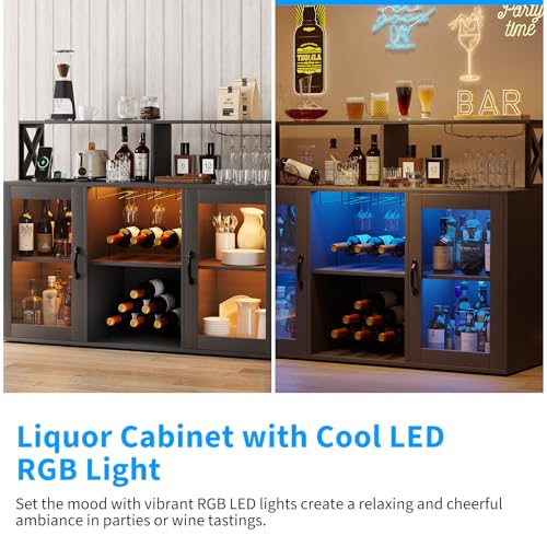 Image of Modern Wine Bar Cabinet with LED Light & Power Outlets - Sideboard Buffet with Wine Rack, Glass, Ample Storage - Freestanding Liquor Storage for Dining Room, Kitchen, Living Room