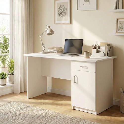 Image of Study Table for Home Wooden Computer Table - Study Desk for Students & Adults, Writing Table, Laptop Desk, Office Work Table for Home, White Finish DIY Assembly