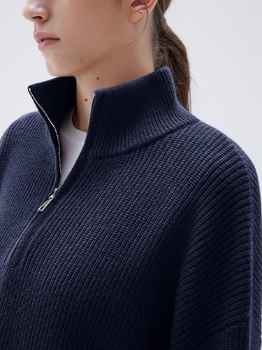 Image of SUUKSESS Women Cashmere Blend Oversized Quarter Zip Pullover Sweater Long Sleeve Collared Ribbed Knit Jumper Tops