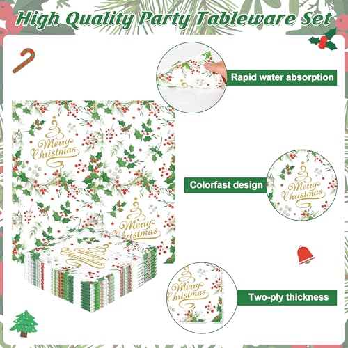 QZYL 96 Pcs Christmas Plates and Napkins Sets, Disposable 9" and 7" Merry Christmas Plates Sets Serves 24, Paper Green Gold Xmas Dinnerware Set Party Supplies for Xmas Winter Dinner Dessert Party – Image 5