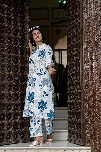 Image of Women's Floral Print Rayon Kurta Palazzo, Round Neck Half Sleeve, Regular Fit, Ethnic Casual Wear