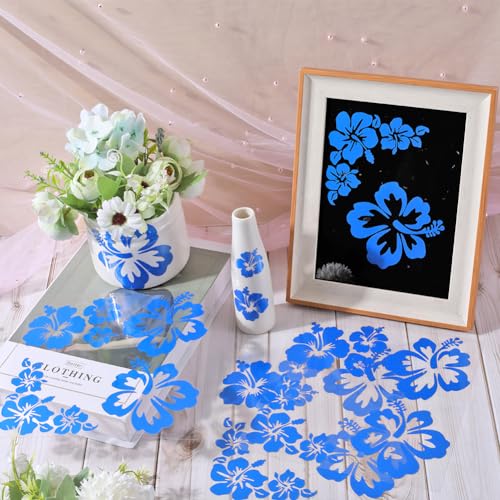 Image of GORGECRAFT 4 Sheets Hibiscus Flower Car Sticker Hawaiian Stickers and Decals Blue Reflective Stickers Waterproof Vinyl Automotive Exterior Decor for SUV Truck Motorcycle Doors Walls Laptop (Pack of 3)