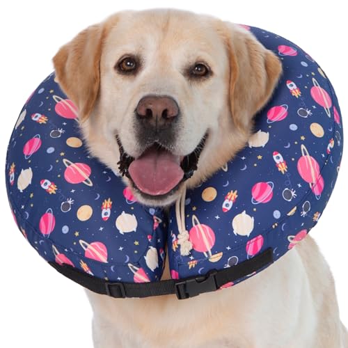 Image of Inflatable Dog Cone Collar,Waterproof Soft Dog Donut Cone for Large Medium Small Dogs Cats, Recovery Pet E-Collar Alternatives After Surgery (Planet, Small)