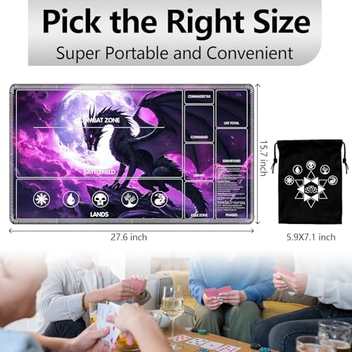 Image of for MTG Playmat with Card Storage Bag,Non-Slip Rubber Base & Smooth Surface 27.6x15.7in,Beginner-Friendly Magic Mat for Commander Deck,Dragon Purple-1