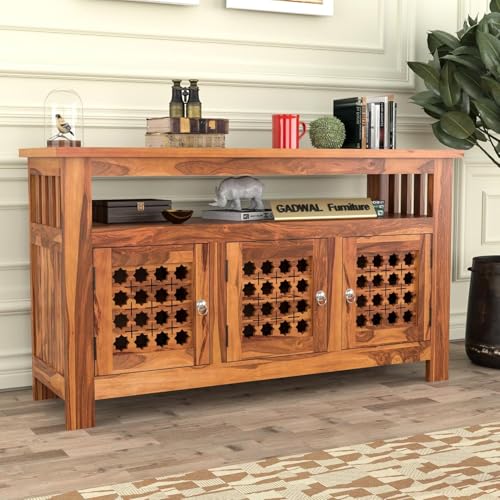 Image of Solid Sheesham Wood Wooden Sideboard Storage Cabinet & Chest of Drawer : Ideal for Living Room and Bedroom with 3-Shelf Storage (Hurtado, Honey Finish)