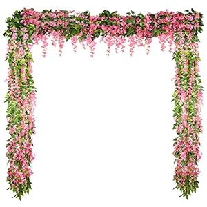 Syhood 4 Pieces 26 Feet in Total Artificial Wisteria Garland Wedding Silk Wisteria Vine Artificial Wisteria Vine Fake Wisteria Hanging Flower for Wedding Arch Home Garden Party Outdoor Decor (Pink)
