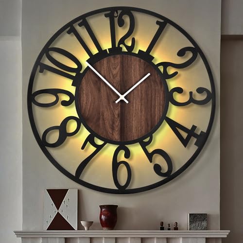 LEIKE Large LED Wall Clocks,Silent,Non Ticking,Battery Operated Rustic Round Modern Big Wood Wall Clock for Living Room, Bedroom,Kitchen,Farmhouse,Office,Home Decor -32 Black,LED,Arabic Number