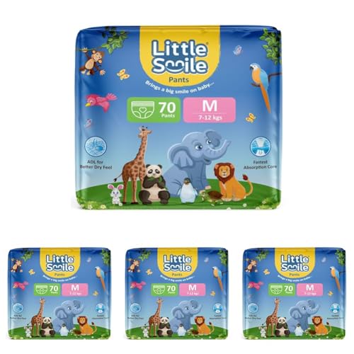 Image of Baby Diapers Pant Style | Medium (M) Size | Ideal for 7-12 Kgs Baby | 70 Count- Odorless and Antibacterial Layer with Urine Indicator (Pack of 4)
