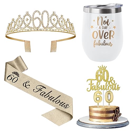 60th Birthday Decorations Gifts for Women with 12oz Coffee Wine Tumbler Mug, 60th Birthday Crown, Sash, Cake Topper and 60th Birthday Candles, 60th Birthday Gifts Idea