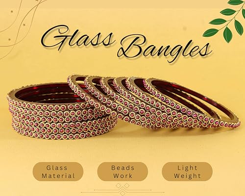 Image of NMII Glass Golden Beads & Pearls Moti Work Designer Bangles Set For Women & Girls | Kanch ki Chudi Set | Girl's Bangles Bracelet | Glass Bangles | Daily, Wedding, Party, Fashion Jewellery- Set of 12