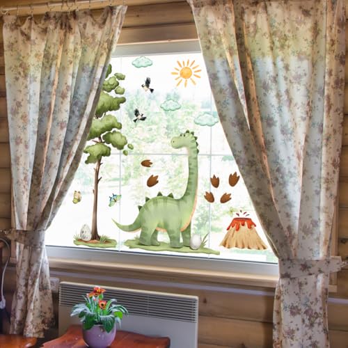 WandSticker4U®- Fensterbilder DINOSAURIER Kinder selbstklebend (80x70 cm) I Fenstersticker Kinder Dino mit Baum, Vulkan & Sonne wiederverwendbar I Fensterdeko Kinderzimmer Junge Dino Frühling