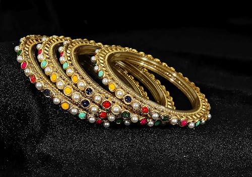 Image of NMII Glass Golden Zircon Gemstone & Colorful Beads Studded Bangles Kada Set For Women & Girls | Traditional Stylish Kangan | Bangles For Women Glass | Wedding, Party, Occasion Wear Bangle- Set of 4
