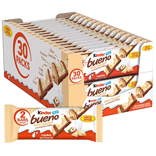 Kinder Bueno White Chocolate Bar, Full Size Candy Bars Bulk Share-Size Pack | Bulk chocolate candy individually wrapped, 2 Kinder Bueno bars per 1.4 oz pack, Halloween candy full size for party favors - image 1