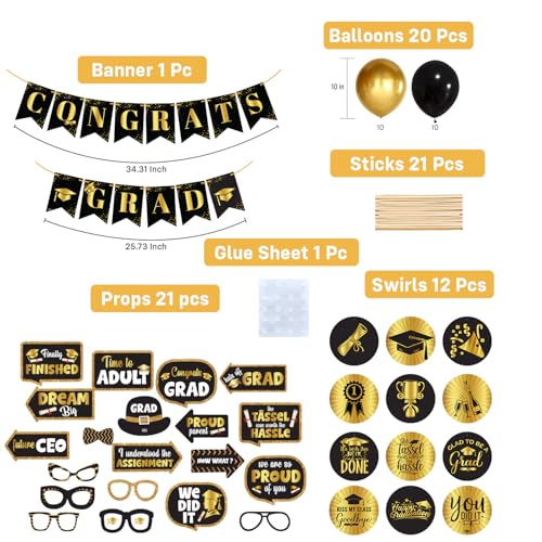 Image of Party Propz Graduation Decoration Kit - 76 Pcs Black Gold Graduation Decoration With Balloons and Banner | College Decor Graduations Items | (Latex)