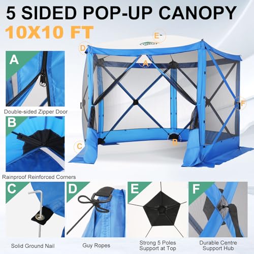 Image of COBIZI 10x10 FT Pop up Gazebo, Popup Canopy Tent,Instant Screened in Gazebos, Waterproof Portable Outdoor Small Screen Tents Sun Shelter,carpas para Patio for Camping, Garden and Backyard,Blue