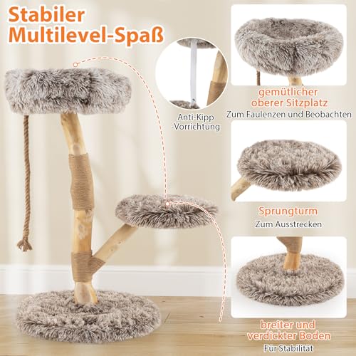 COSTWAY 90 cm Kratzbaum Holz, Katzenbaum mit 3 Plüschsitzflächen, Seil & Kratzpfosten aus Jute, Katzenturm Katzenmöbel Massivholz, Katzenkratzbaum Kletterbaum Katzen, Braun+Natur-6