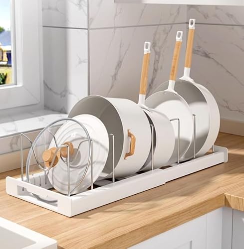 BRAVECOW Pan Lid Organizer 10 Adjustable Dividers Expandable Pot Lid Rack Storage Kitchen Drain Rack for Pots Pans Bakeware Drawer Cupboard (White) - Image 2