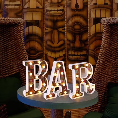 Image of Aurelema 8.6 X6.7 x 1.5 Inch Tiki Bar Sign Tiki Party Table Decorations Marquee Letters Light up LED Table Centerpiece Hawaii Luau Aloha Decor for Summer Tropical Pub Outdoor Patio Wall Party Supplies