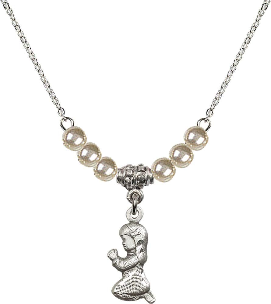 Bonyak Jewelry 18 Inch Rhodium Plated Necklace w/ 4mm Faux-Pearl Beads and Praying Girl