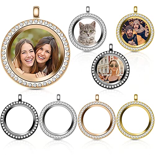 8 Pieces Rhinestone Photo Charm Rhinestone Bezel Pendant Tray Glass Round Crystal Photo Pendant Bridal Wedding for Photo Pendant DIY Jewelry Supplies, Silver, Gold, Black, Rose Gold