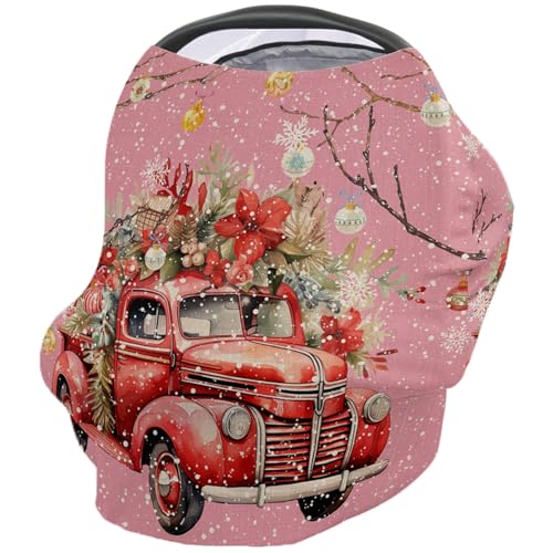 Nursing Cover for Breastfeeding Scarf, Merry Christmas Poinsettia Truck Pink Baby Car Covers Super Soft Multi Use for Canopy Shopping Cart Cover Blanket Stroller Cover