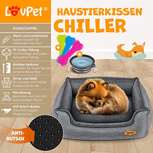 Lovpet® Hundebett Hundekissen Hundekorb Chiller, Inkl. Napf + 3X Kauknochen, Hundesofa Kissen für Kleine, Mittelgroße & Große Hunde, Bezug abnehmbar und waschbar, L 90 x 75 x 25 cm Grau