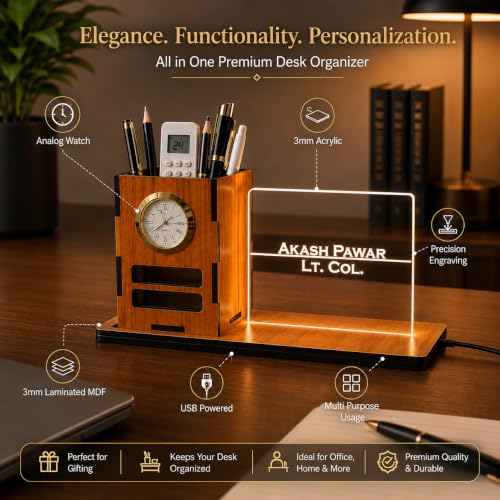 Image of Zesta Wooden Desk Organizer Pen Stand Remote Holder Card Slot | Table Accessory Office Desk Study Room | Pencil Storage Stand Stylish Workspace Decor (Nainteek, Custom Organiser)