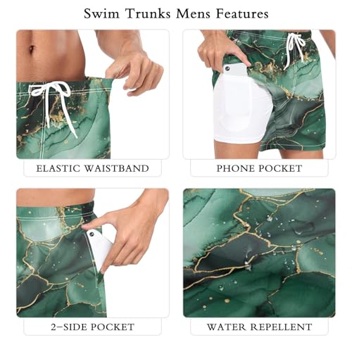 Men's Swim Trunks Marble Gold Green, Quick Dry Beach Board Shorts with Liner, Swimwear Bathing Suits S3