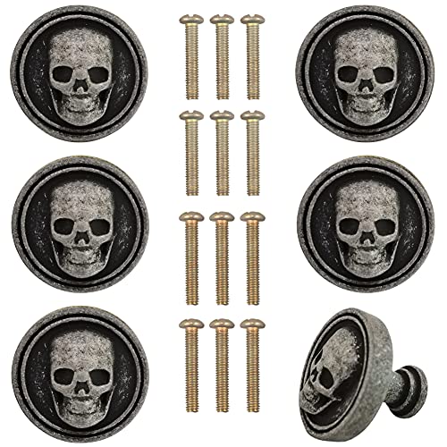 Beyoo 6 Pack Skull Knob Door Handle Cabinet Drawer Cupboard Pull Dresser Single Hole Knobs Handles for Kitchen Furniture Cabinet Wardrobe Cupboard (Silver)