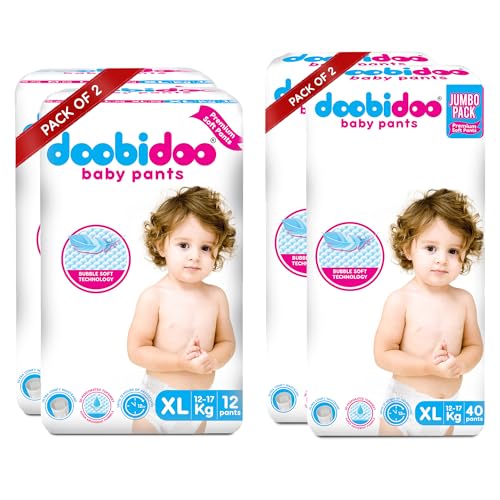 Image of Doobidoo Baby Pants Diapers - XL Size | All-Round Softness with Bubble Soft Topsheet & Anti-Leak Side Cuffs | High Absorbency & Rash-Free Comfort for Babies (12-17 kg) - Pack of 4 | 104 Count
