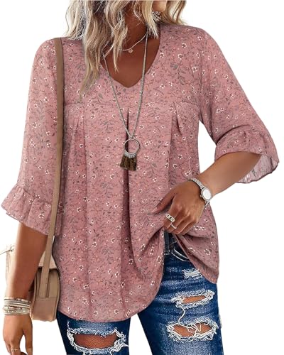 Amrto Plus Size Tops for Women Chiffon Ruffle 3/4 Sleeve Tunic Chiffon Blouses V Neck Casual Shirts XL-5XL