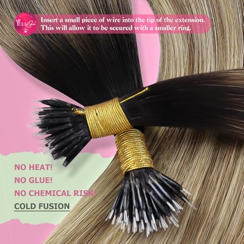 Image of YoungSee Nano Hair Extensions Human Hair Ombre Brown Nano Link Hair Extensions Dark Brown to Medium Brown with Blonde Nanobead Hair Extension Cold Fusion for Long Hair 22in 1g /strands 50g