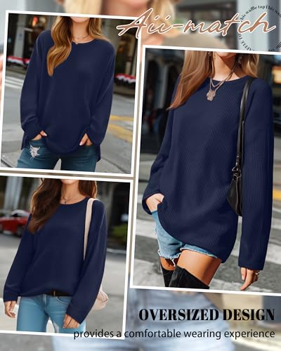 Womens Long Sleeve Shirts Oversized Waffle Knit Cotton Tunic Tops Casual Crewneck Long Shirts Wear with Leggings3