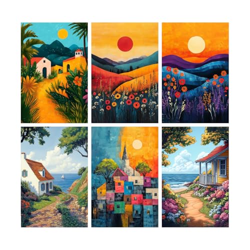 Image of SiddArtify Coastal Landscape Wall Art Prints Set - Colorful House Poster Decor for Living Room Bedroom Office - 12x18 inch Sticker Pack of 6