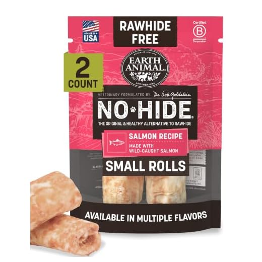 Earth Animal No Hide Chews - Long Lasting Rawhide Free Small Dog Chews Rolls, Salmon - 2 Count