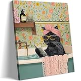 Yaneiro Divertido lienzo de gato negro para baño, pinturas de